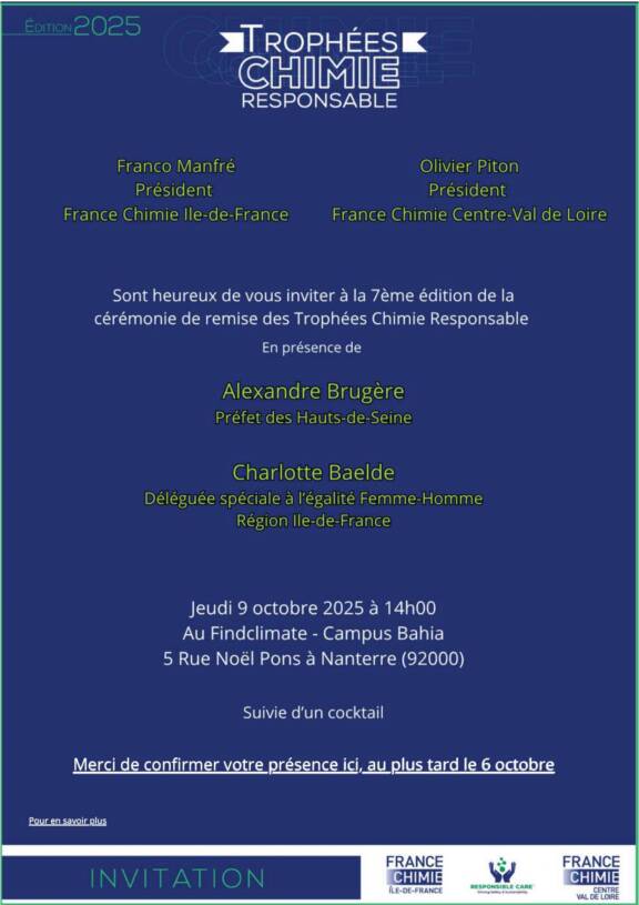 [INVITATION] – 7ème édition de remise des Trophées « Chimie Responsable »